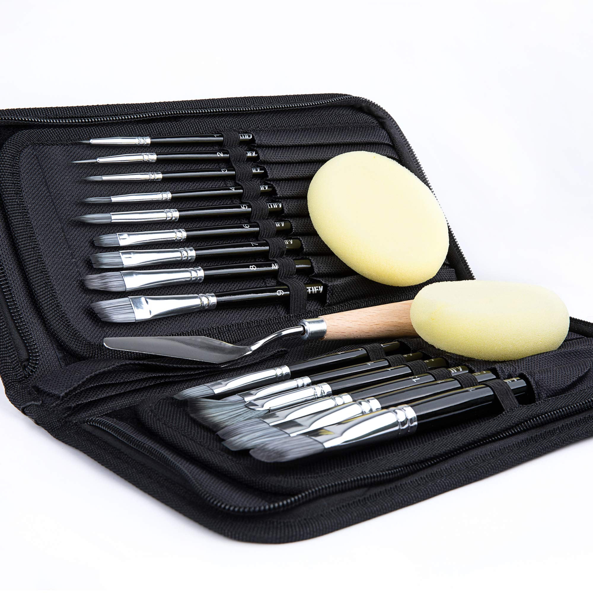 ARTIFY 15 Pieces Paint Brush Set, Intermediate Series, Includes Pop-Up Carrying Case with Palette Knife and 2 Sponges, for Acrylic, Oil, Watercolor and Gouache Painting - Black
