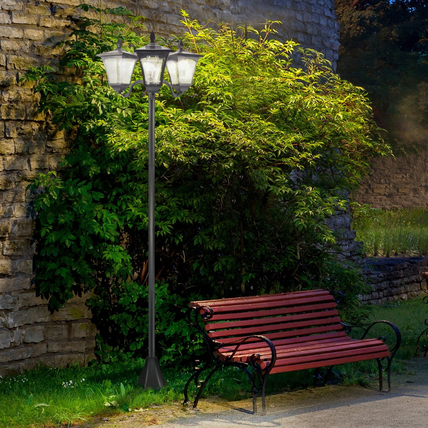 72" Outdoor Triple-Head Solar Lamp Post - IP44 Waterproof Vintage Street Light with Auto Sensor & Dimmable Switch for Backyard Garden Pathway Driveway