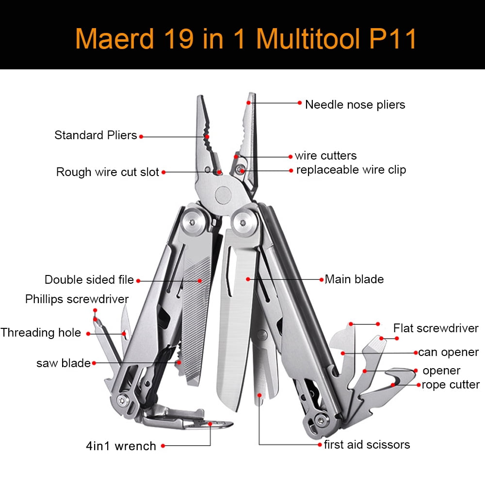 Maerd P11 Multitool, 19in1 Premium Hard Stainless Steel Multi tools Foldable Self-Locking, Outdoorsman Survival Camping EDC Multitools, Knife, First Aid Scissors, Sturdy Spring Pliers, Hexagon Wrench