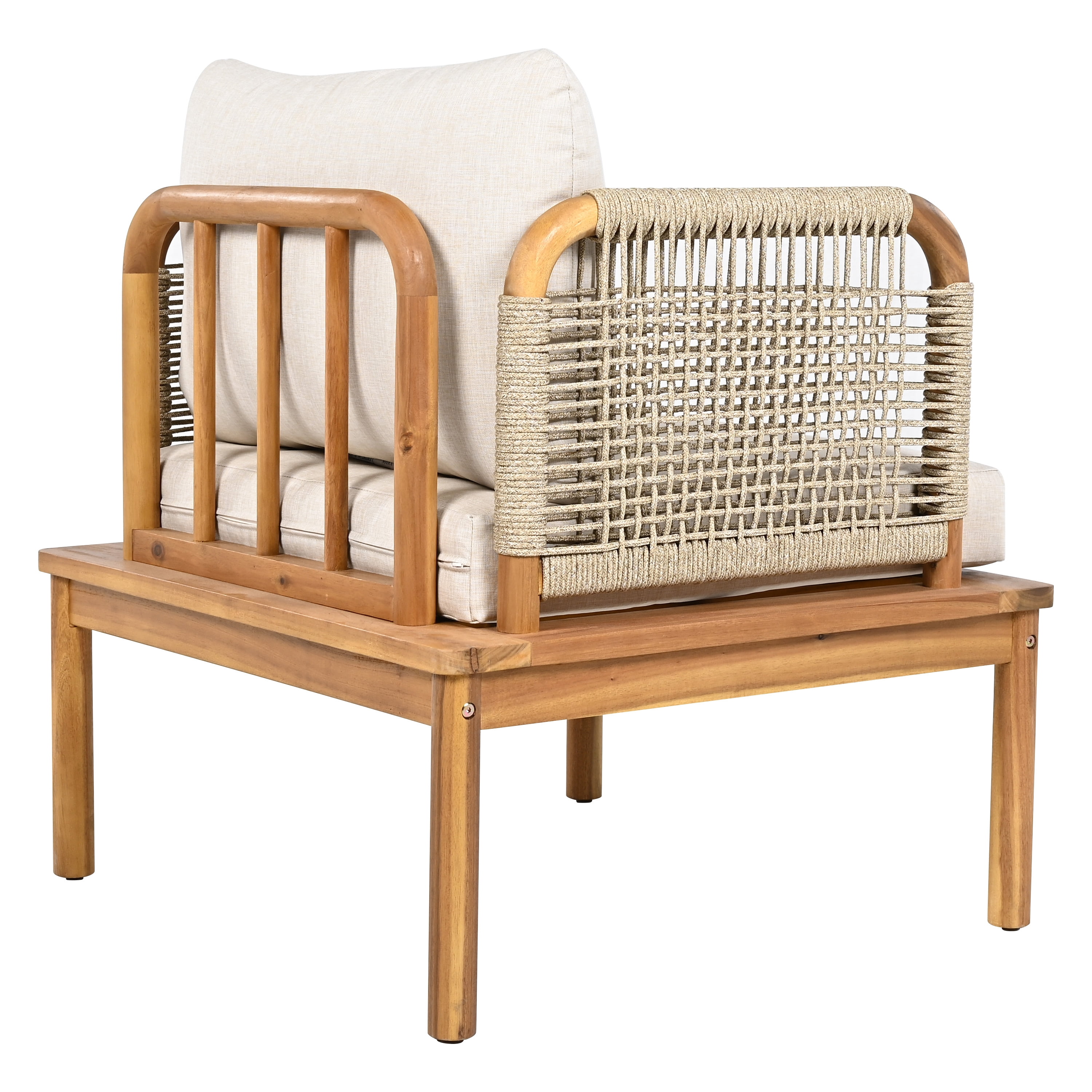 Outdoor Acacia Wood & Rope Club Chair with Plush Cushion, Weather-Resistant Patio Lounge Chair for Garden Porch Backyard, Teak+Beige