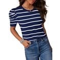 thumbnail image 2 of Wiholl Short Puff Sleeve Sweaters for Women Knit Tops 2026 Trendy Crewneck Striped T Shirts Casual Summer Blouses, 2 of 8