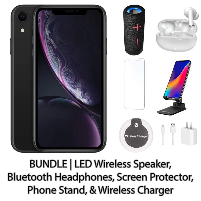 Restored Apple iPhone XR 64GB Red Fully Unlocked Bundle: LED Wireless Speaker, Bluetooth Headphones, Screen Protector, Wireless Charger, & Phone Stand (Refurbished)