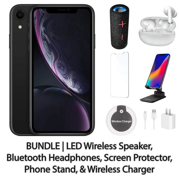 Restored Apple iPhone XR 64GB Black Fully Unlocked Bundle: LED Wireless Speaker, Bluetooth Headphones, Screen Protector, Wireless Charger, & Phone Stand (Refurbished)