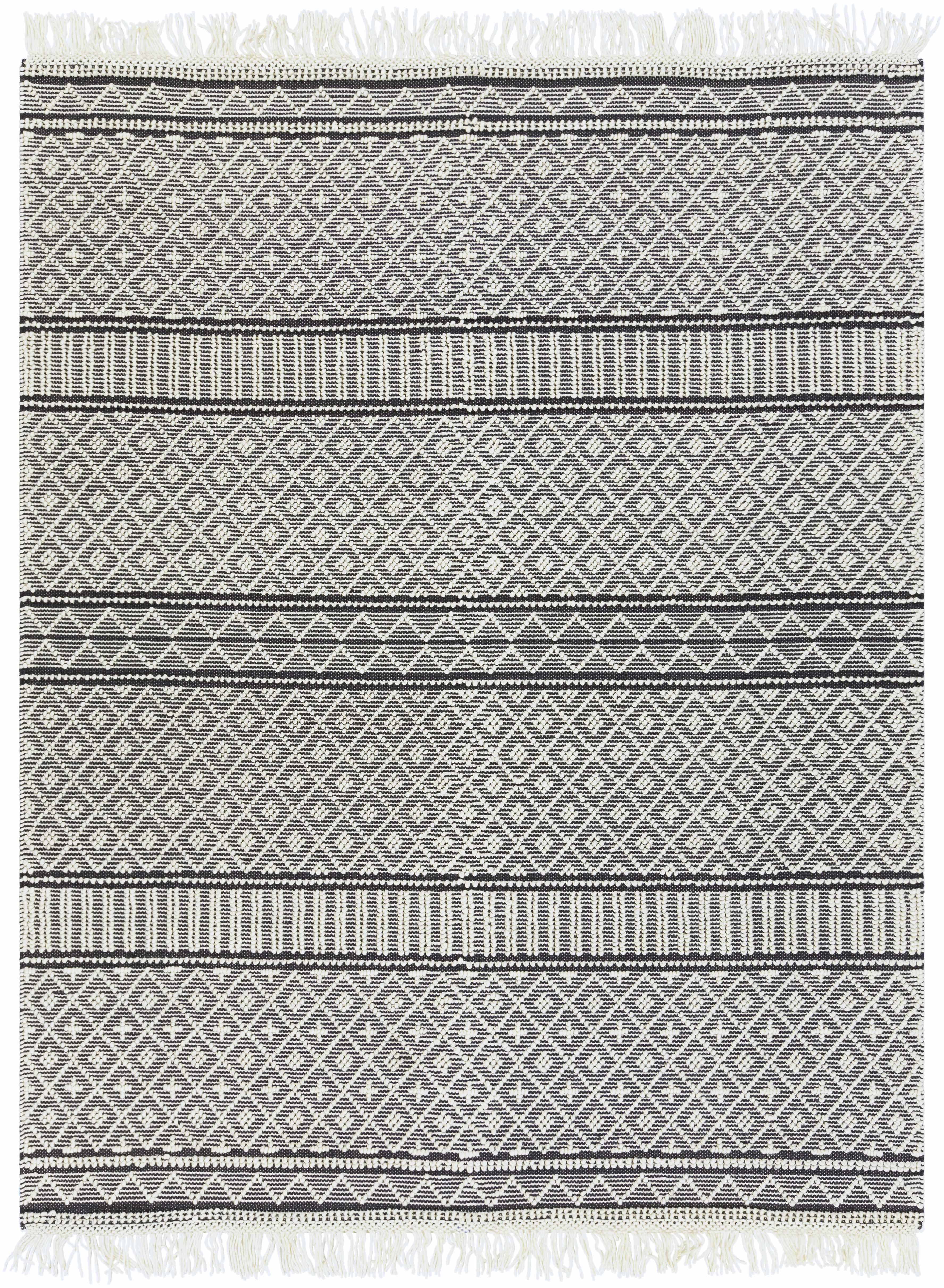 Hauteloom Leon Boho Moroccan Farmhouse Living Room Bedroom Wool Area Rug - Trellis Handmade Bohemian Carpet - Black, White - 8' x 10'
