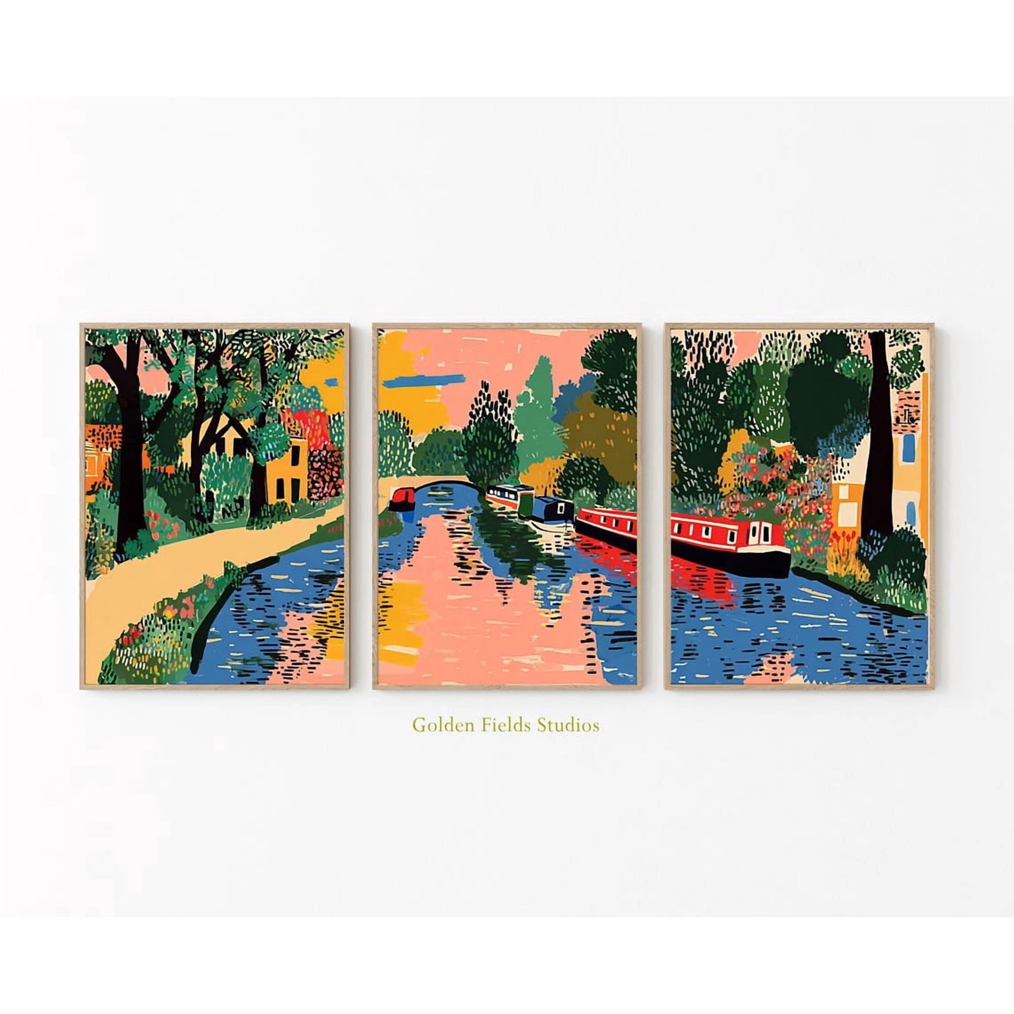 Set Of 3 English Canal Boats Wall Art Prints Colourful British Waterway Bold Green Blue Tones Living Room And Gallery Wall Decor