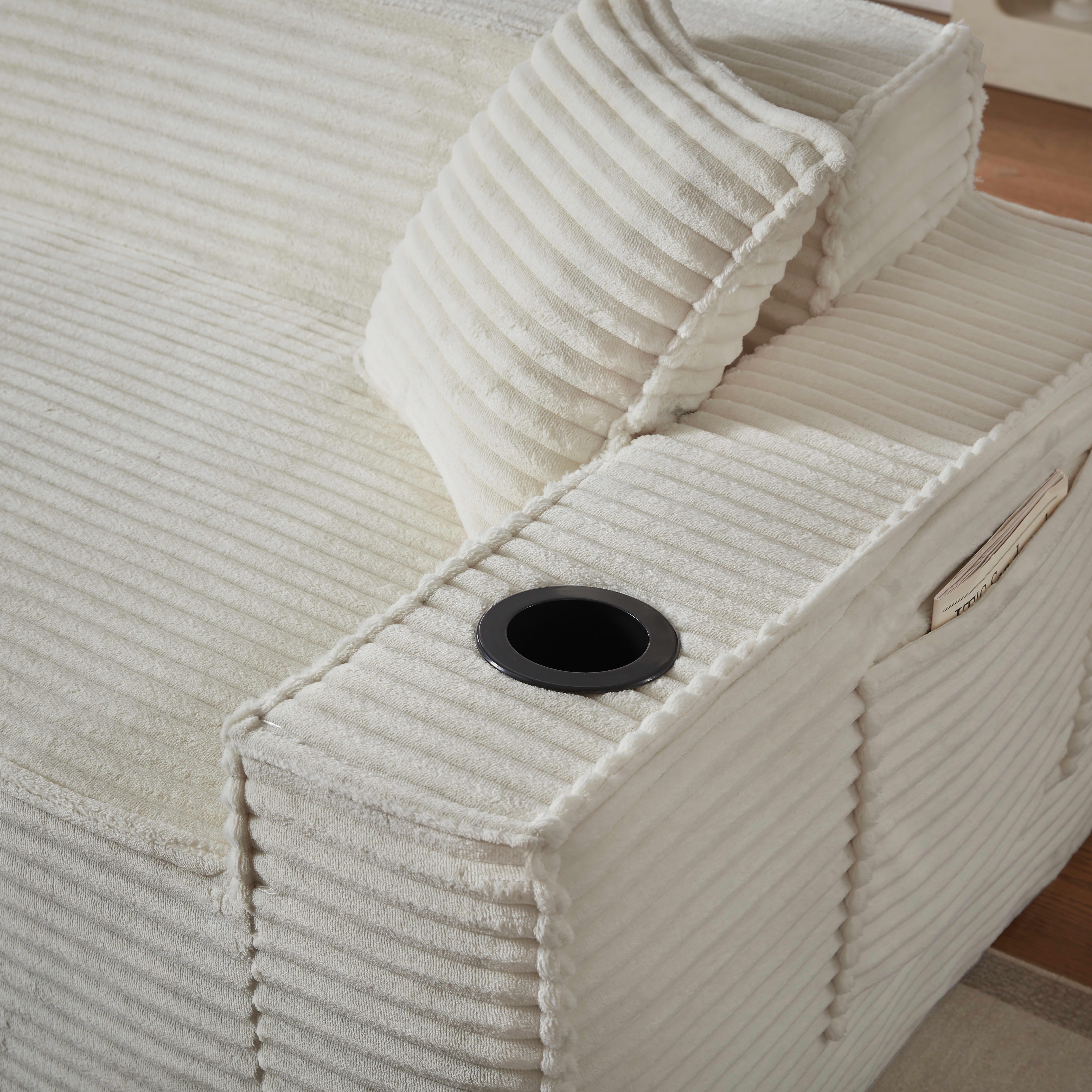 MAYEERTY Minimalist Corduroy Boneless Couch with Side Pockets & Cup Holders for Compact Living Room, White