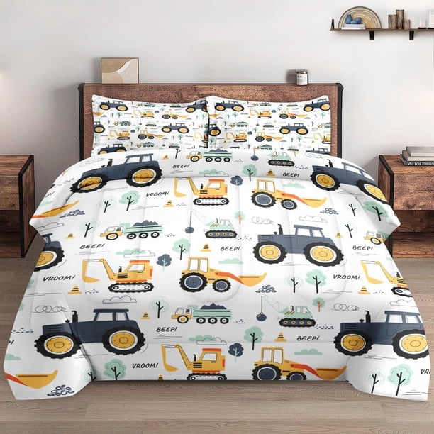 Juego de edredón con funda de almohada, Boho Madera Construcción Camión Tractor Suave