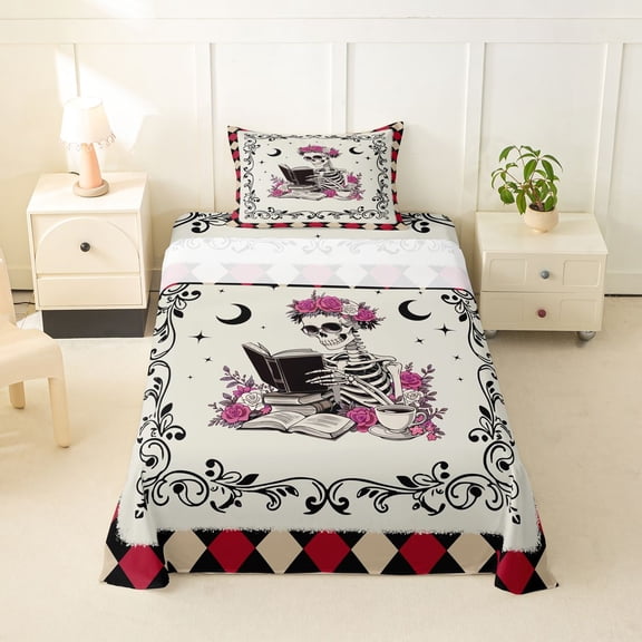 Homewish Retro Reading Skeleton Twin Sheets for Kids, Checkered Rose Witchy Bedding, 3-Piece, 1 Flat Sheet, 1 Fitted Sheet and 1 Pillowcase