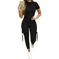 thumbnail image 2 of Pink Season 2Pcs/Set O-neck Short Sleeve High Waist Pockets Sports Outfit Solid Color Crop Top Drawstring Pants Matching Set, 2 of 8