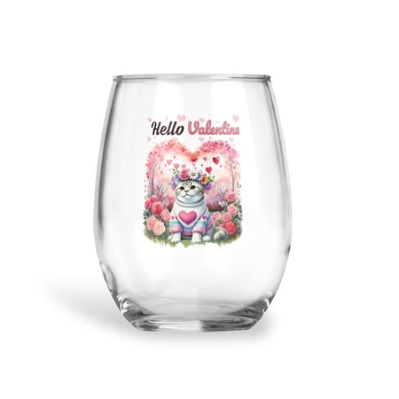 Hello Valentine’s Day American Shorthair Flower Crown Romantic Pink Floral 15oz Stemless Wine Glass Mug Cat Lover Kitten Owner Gifts Wine Glasses Cup - 00031