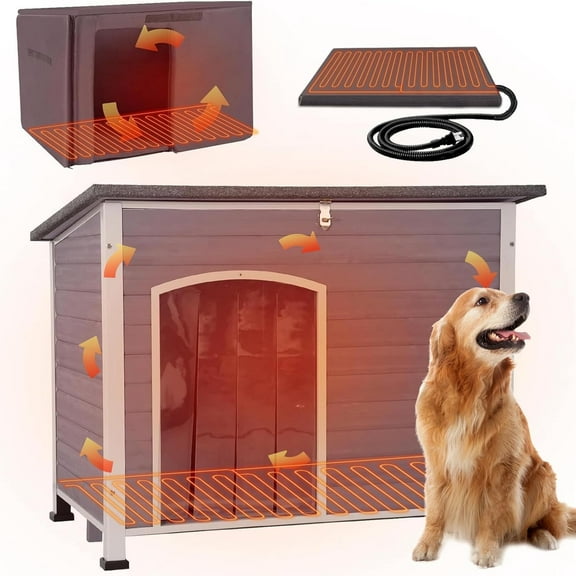 Aivituvin Extra Large Heated Dog House – Weatherproof, Insulated Kennel with Thermostat-Controlled Heater & Chew-Resistant Metal Frame for Large Dogs, 43.3″ Grey