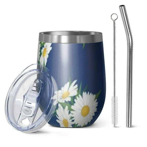 12oz Stemless Wine Tumblers Navy Daisy Flower White Blooms Pattern Vacuum Insulated Stainless Steel Travel Tumbler Cups Mug with Lid and Straw for Champaign,Cocktail,Beer with Cleaning Brush