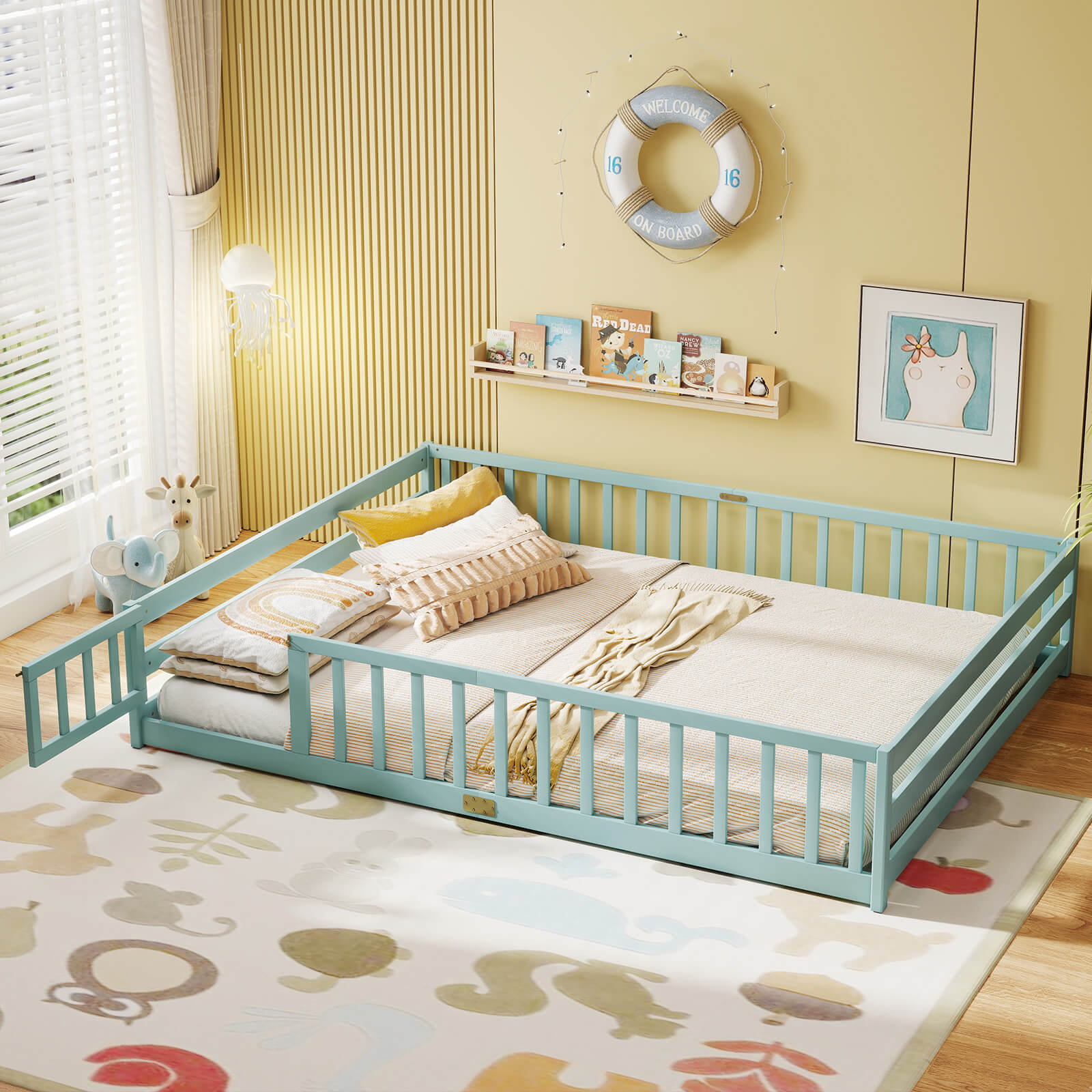 Costway Queen Size Floor Bed with Full Length Safety Guardrails & Door for Boys, Girls Icy Aqua