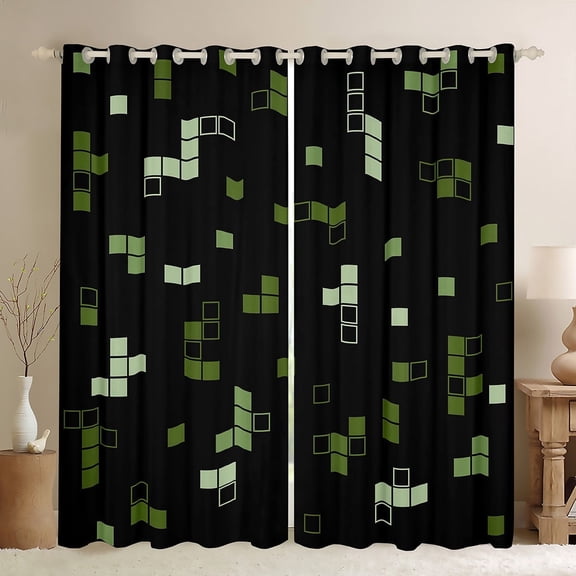 jejeloiu Pixel Geometric Black Out Curtains,Building Block Games Curtains Pack of 2 (42x63 Each),Construction Games Bedroom Curtains For Child,Breathable Bedroom Decorative