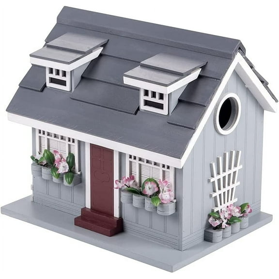 Decorative Wooden Birdhouse for Outdoor Hanging – Handcrafted Miniature Cottage Style with Blue Roof, Front Porch, and Balcony – Garden or Backyard Décor for Wild Birds (Beach House)