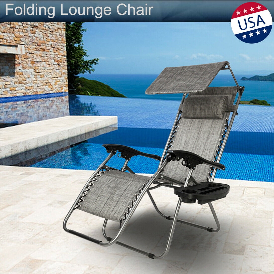 4 Reclining Positions Balcony,Sandy Beach. Sunshade,Recliner Chair,Patio Chaise Lounge Chair Zerone Outdoor Portable Folding Lounge Chair,with Umbrella Outdoor Reclining Chaise for Garden