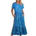 thumbnail image 6 of Penkiiy Women's Summer Casual Short Sleeve Crewneck Shiny Print Dress Casual Flowy Tiered Maxi Beach Dress With Pockets 2XL Light Blue, 6 of 7