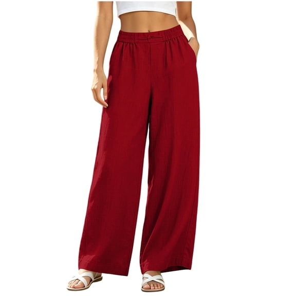 Bzdzmqm Women's Plus Size Wide Leg Elastic Waist Flowy Pants Summer Casual Lounge Solid Long Trousers Beach Workout, Red 3XL