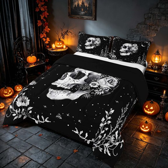 Homewish Sugar Skull Queen Comforter Set, Celestial Stars Comforter Sets Queen, Black White, Black Reversible, 3 Pieces 1 Comforter and 2 Pillowcases