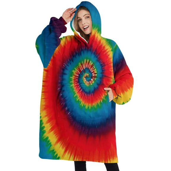 Oversized Wearable Blanket Hoodie,Colorful Tie Dye Pattern Sherpa Blanket Hoodie with Super Pockets,Super Warm Fuzzy Pullover for Women & Men
