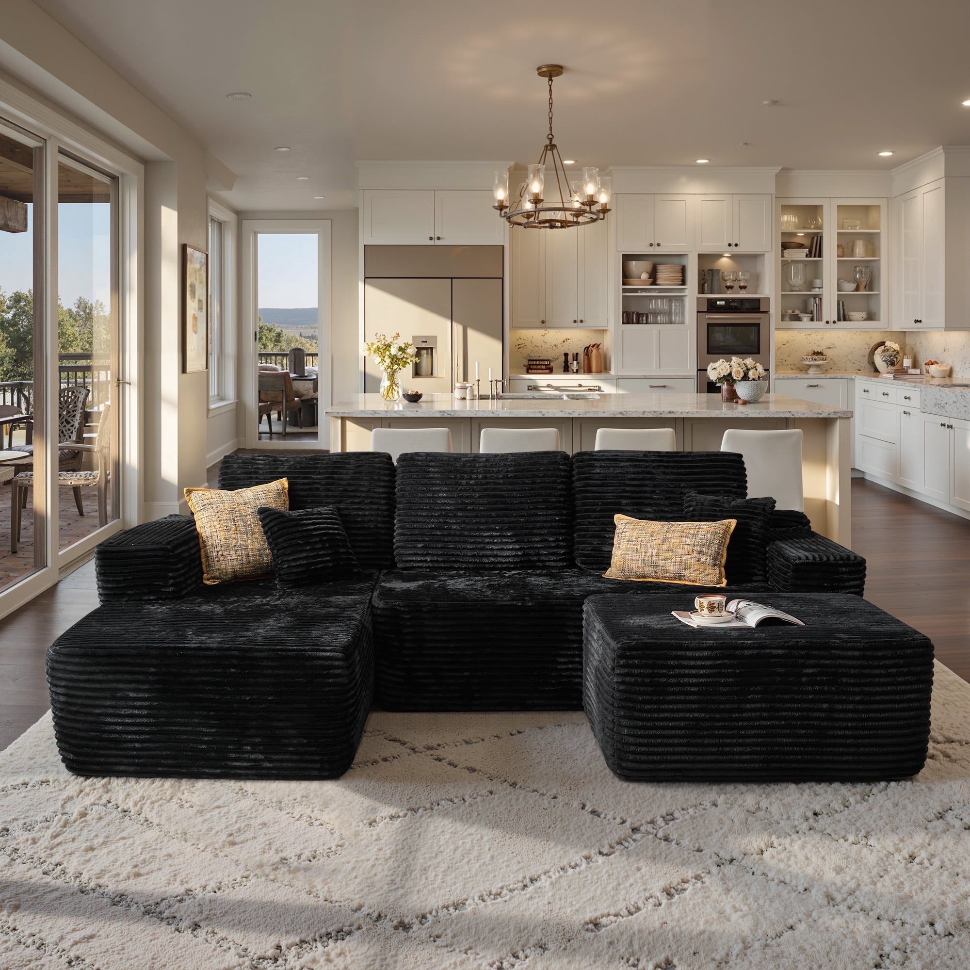Ovios 106" Cloud Sofa Couch No Assembly Boneless Deep Seat Sofa with Ottoman for Living Room, Black (Plush Corduroy)
