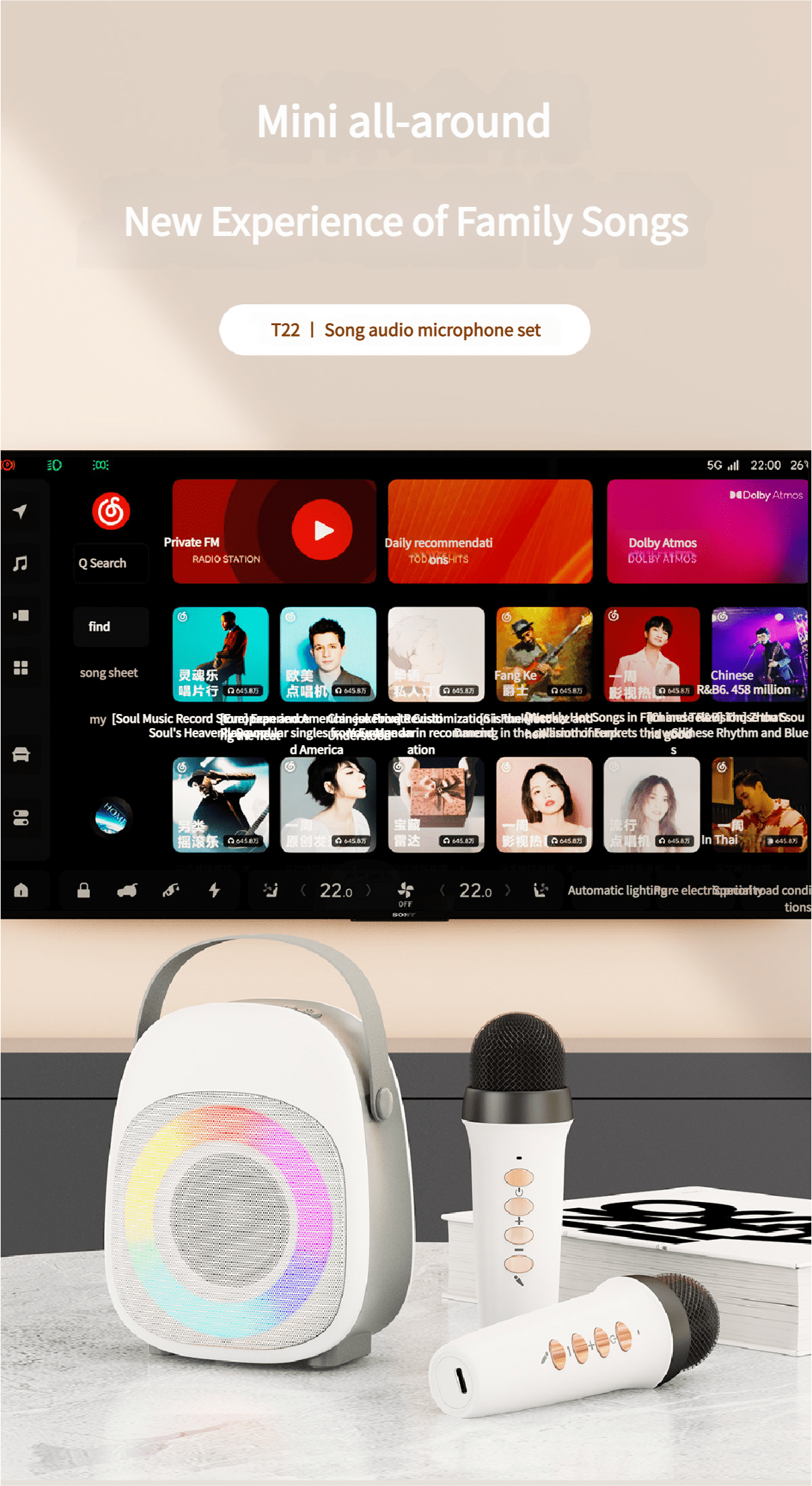 Portable Home Karaoke Microphone with Bluetooth 5.2, 10H Battery, LED Lights, Noise Cancellation & 57mm Speaker - Wireless Party Singing System