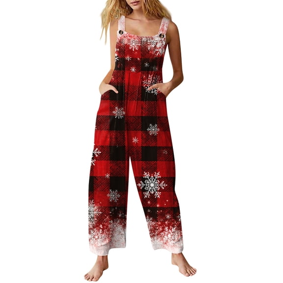 Lumtrix Christmas Dressy Jumpsuits for Women Spaghetti Strap Holiday Overall Christmas Snowflake Printed Wide Leg Rompers Pants with Pockets Deep Red 3XL