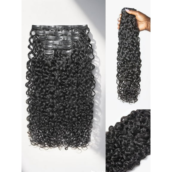LUVME Messy Burmese Curly 14" Clip in Hair Extensions Real Human Hair Fullness for Women Brazilian Remy Natural Black