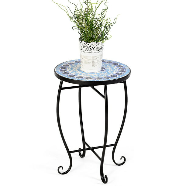 Round Accent Steel Table Garden Blue, Outdoor Plant Table