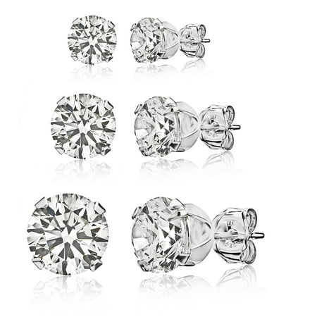 Pori Jewelers Pack 3 Pairs Sterling Silver Round-Cut CZ Stud Earrings