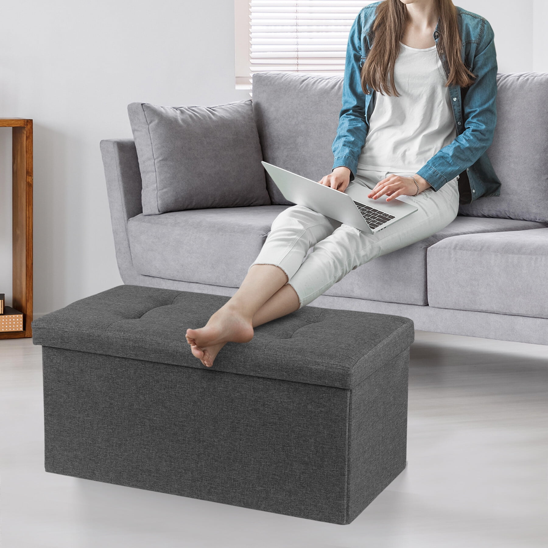 HomGarden 30'' Linen Storage Ottoman Bench Modern Foldable Footrest Padded Seat 660lbs Dark Gray