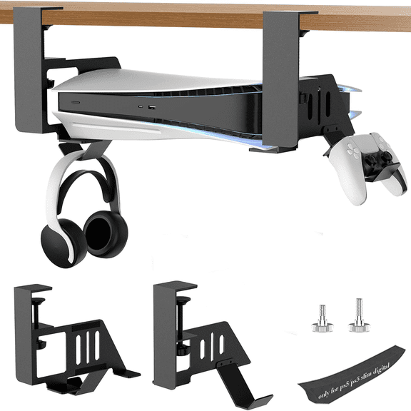 soporte metálico para debajo del escritorio para PS5/PS5 Pro/PS5 Slim Digital y Disc con montaje con abrazadera, espuma EVA y tornillos, ahorro de espacio