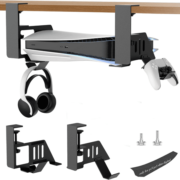 soporte metálico para debajo del escritorio para PS5/PS5 Pro/PS5 Slim Digital y Disc con montaje con abrazadera, espuma EVA y tornillos, ahorro de espacio