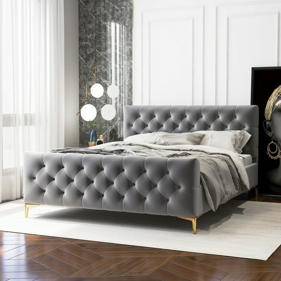 Dark Grey Velvet Queen Platform Bed - With Solid Wood Slat System And Center Rail Mid-century Modern Flair Legs