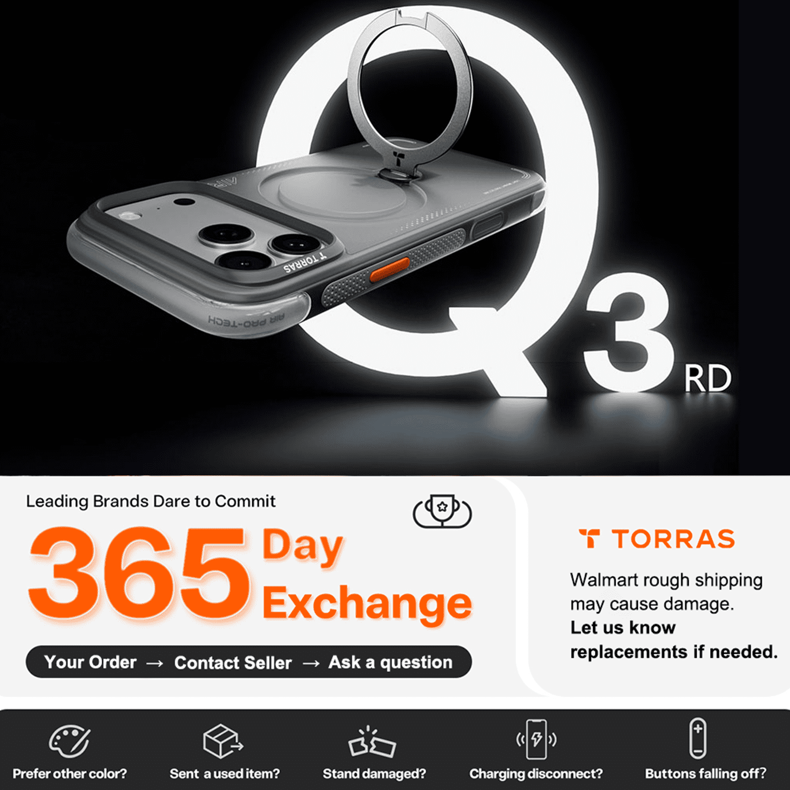 TORRAS Flagship Q3 Air for iPhone 17 Pro Case,Visible Airbag Drop Protection,Hardcore Air Cushion Tech ,Mil-Grade Protection,Fit for MagSafe,360 Rotating Stand Case ,6.3" ,Shadow Black