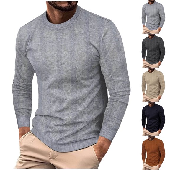 ZRGHAOYLQ Knitted Jacquard Pullover Shirt Men Big and Tall long Sleeve Sweatshirts Casual Crewneck Shirts Tops Solid Color Regular Fit Sweatshirt Coffee L