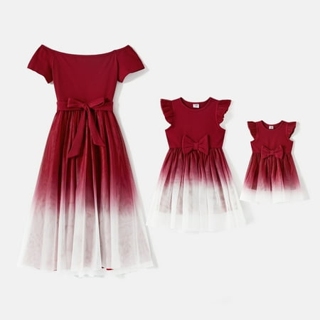 

PatPat Mommy and Me Cotton Ribbed Spliced Ombre Mesh Dresses