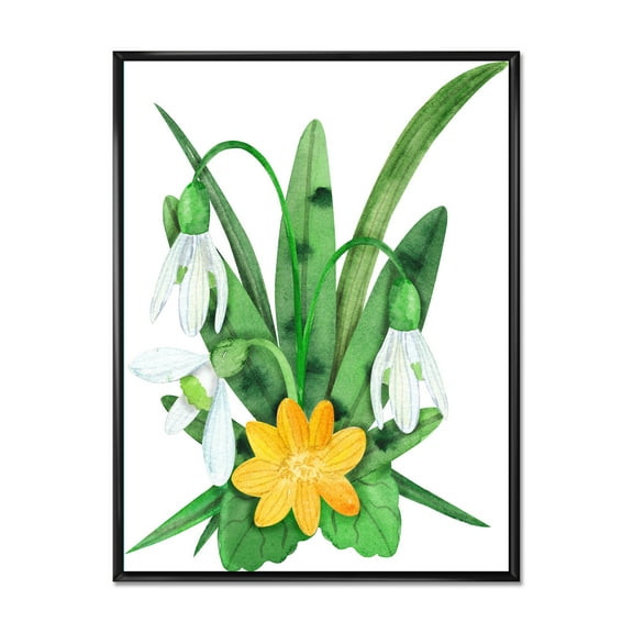 Designart 'Snowdrops and Yellow Erantis VIntage Flowers' Traditional Framed Canvas Wall Art Print