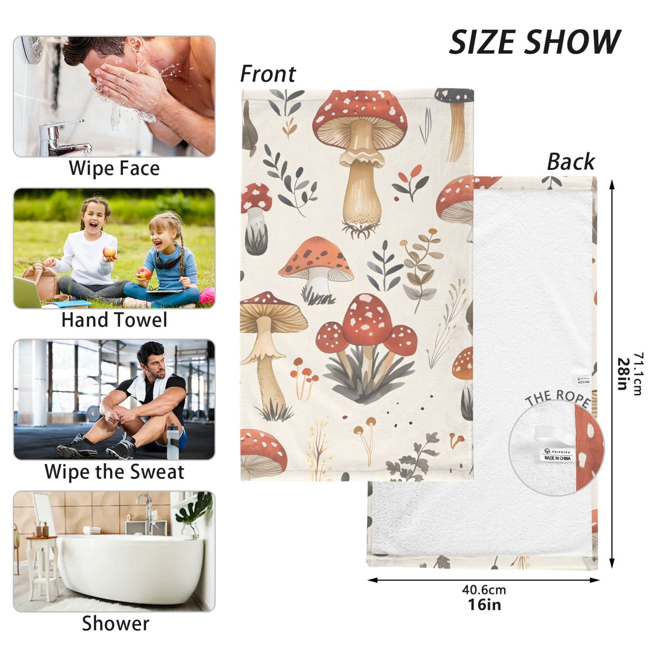 2 Pcs Hand Towel Set Mushroom Fallen Leaves Cotton Absorbent Soft Face Towels 400 GMS Bath Towels for Bathroom Kitchen Shower Hotel Decor 16"x28"