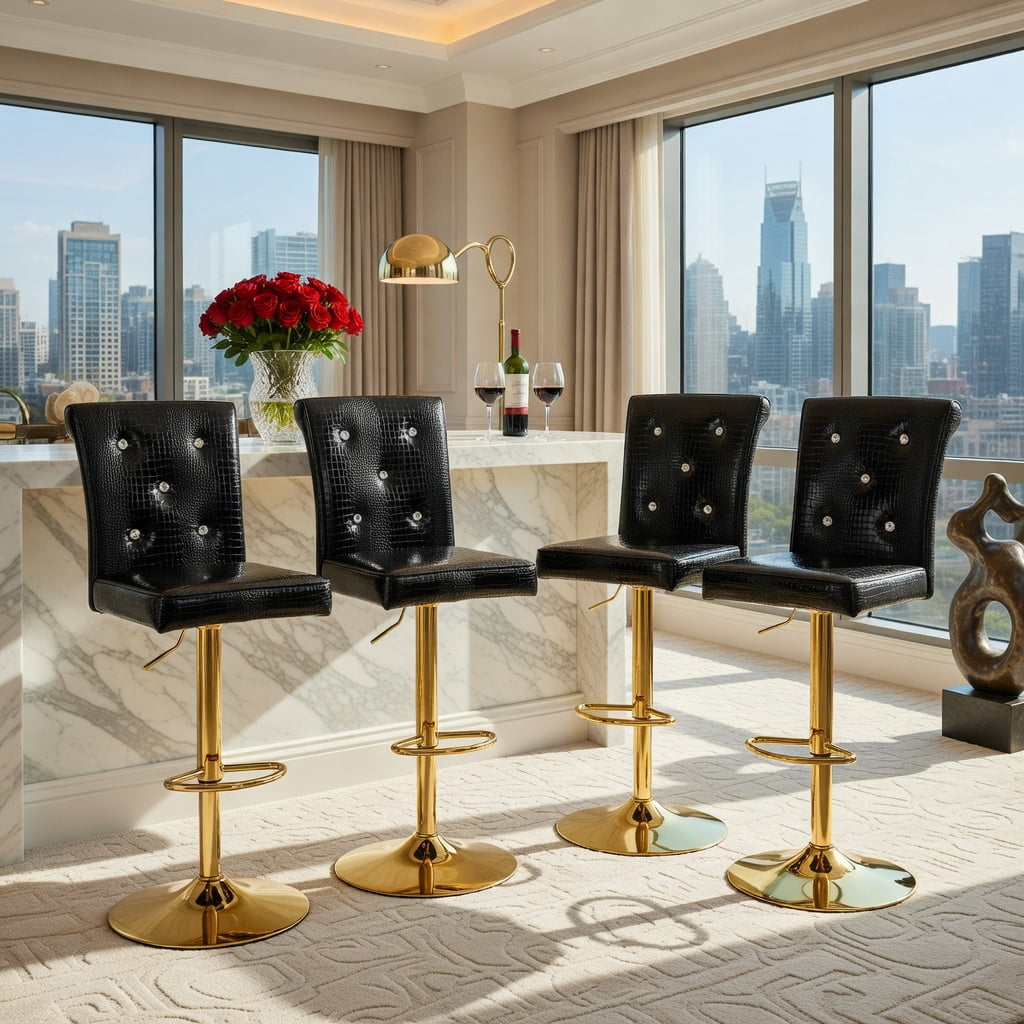 Hommoo 2-Pack Vintage Crocodile-Texture Lift Bar Chairs with Crystal Buckle Accents, Waterproof PVC Leather, Easy Assembly for Dining Room, Kitchen & Bar, Black