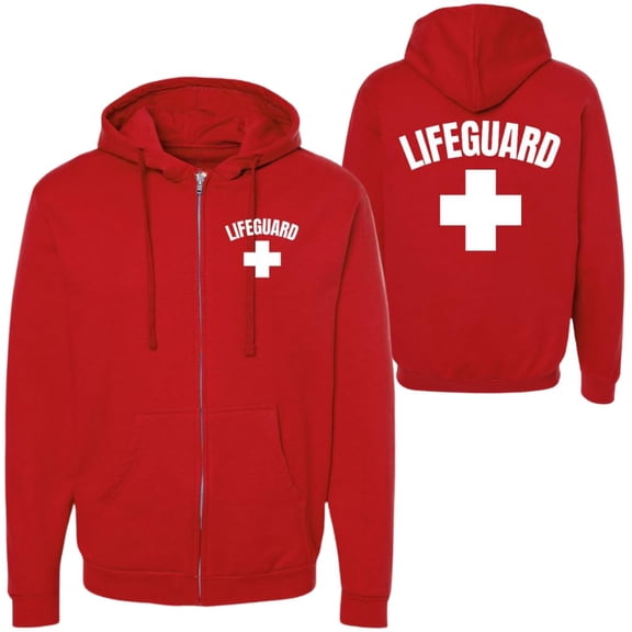 Lifeguard White Cross Full Zip Hoodie Sweatshirt Life Guard Staff Unisex Pool Water Safety Rescue Hooded Adult Premium, Red (XX-Large)