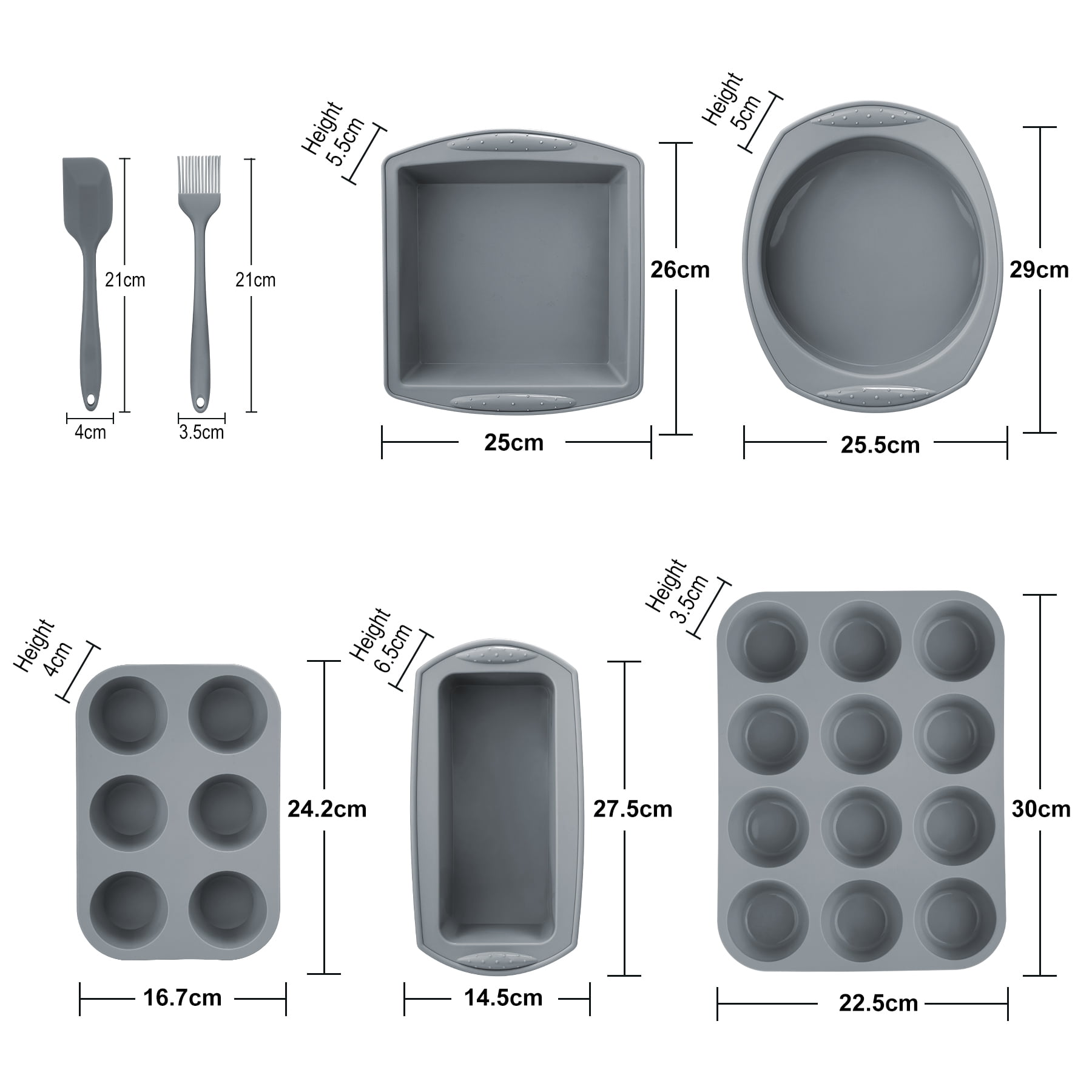 Aschef 7-Piece Non-Stick Silicone Baking Tray Set, Muffin, Loaf, Bread, Pizza, and Cake Pan-Gray