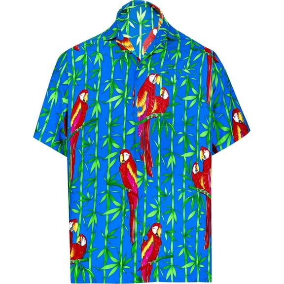 HAPPY BAY Men's Stylish Button Down Short Sleeve Hawaiian Vacation Shirts Summer Party Cruise Camping Tops Hawaii Shirts Men XS Parrot Leaf, Blue