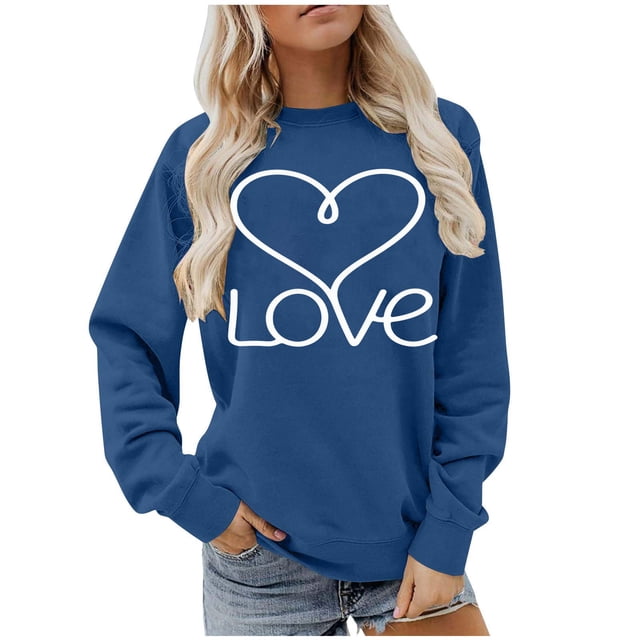 Ounisa Womens Valentines Sweatshirt Love Heart Graphic Print Pullover Casual Long Sleeve Valentine's Blouse Top