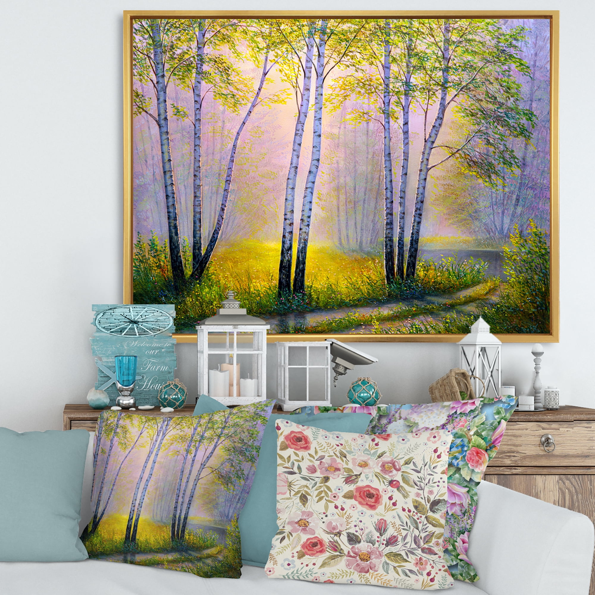 Designart 'Sunrise Glow Through The Birches I' Traditional Framed Canvas Wall Art Print