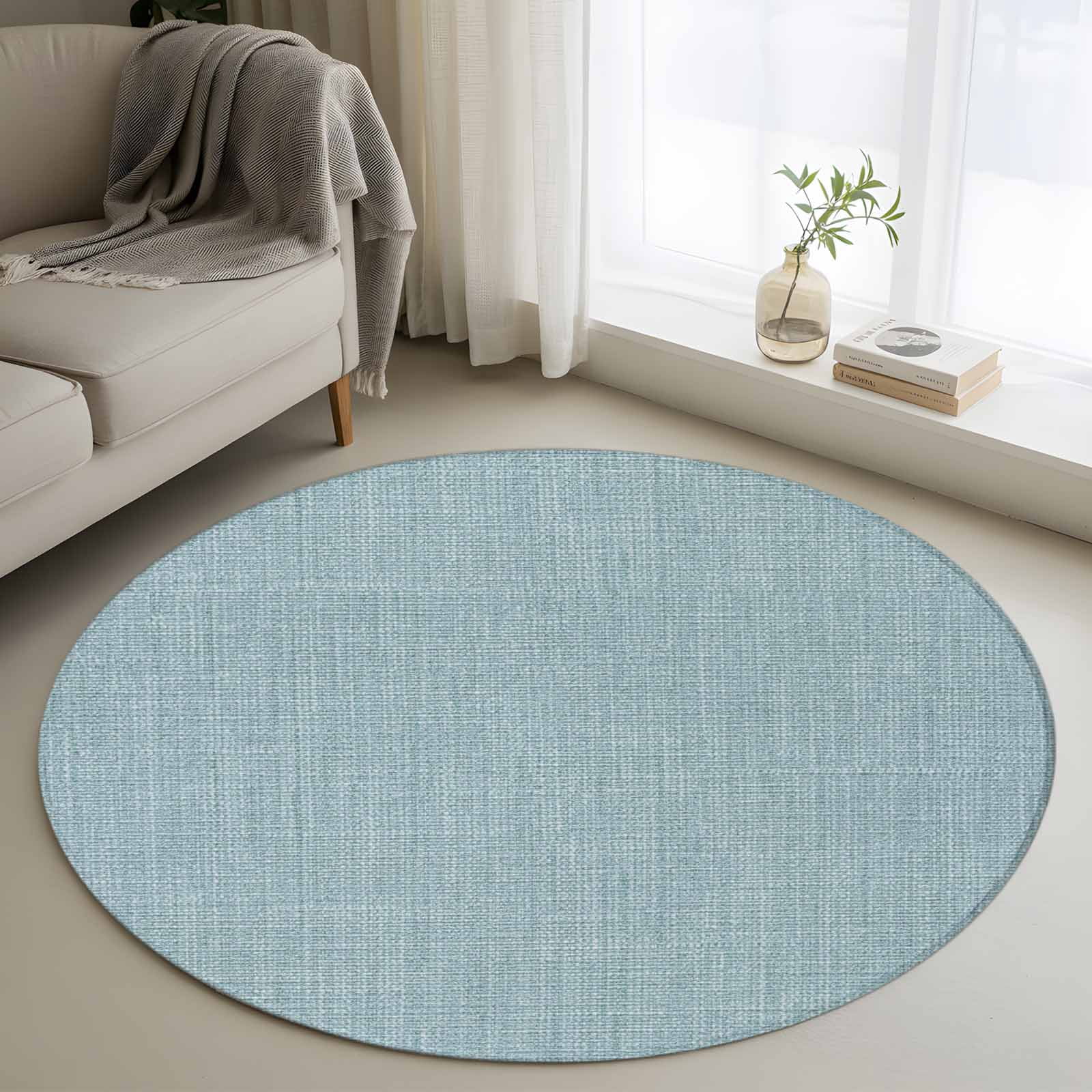 Vintage Haze Blue Round Area Rug 4 FT,Non Slip Indoor Outdoor Rug,Farmhouse Retro Solid Color Linen Texture Washable Soft Circular Carpet Floor Mat for Coffee Table Nursery Foyer Balcony