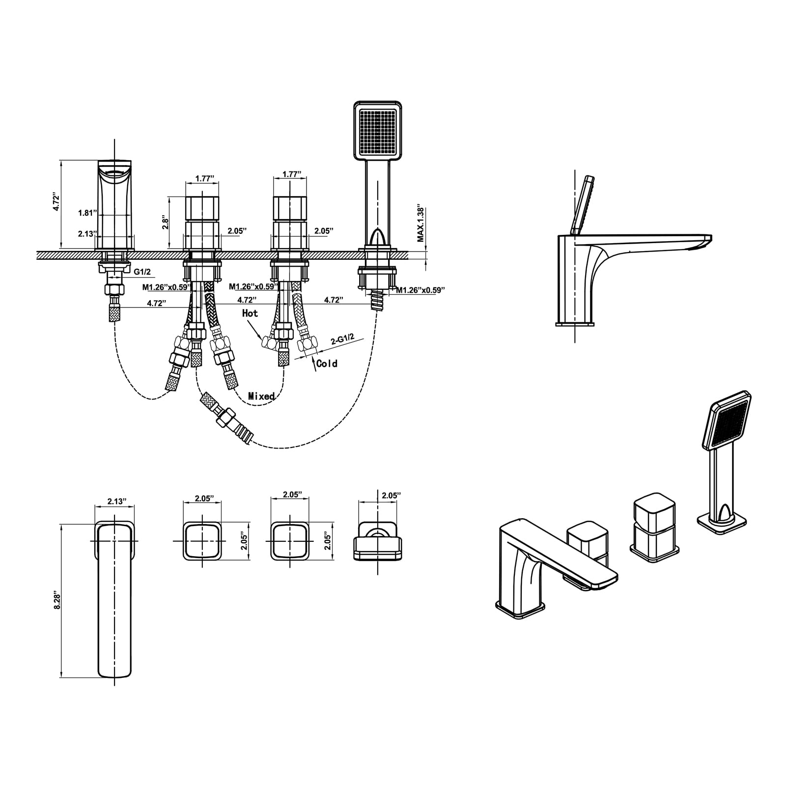 Four Holes Bathroom Bathtub Faucet, Deck Mounted Tub Faucet with Hand Shower