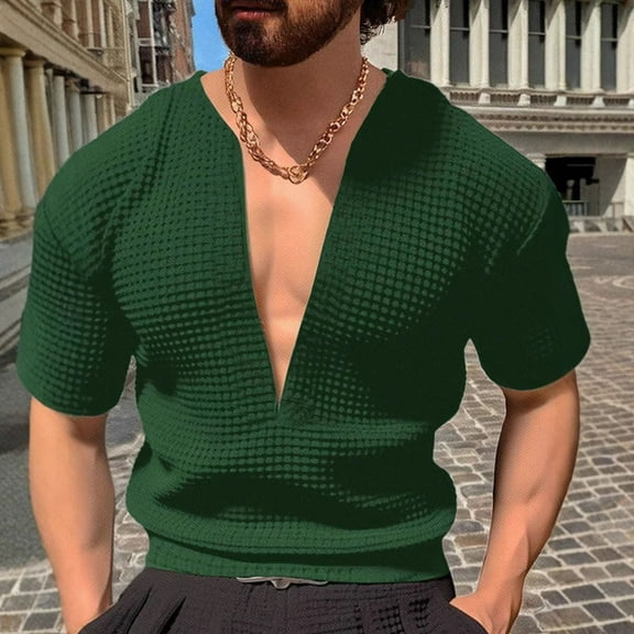 Mens Deep V Neck T-Shirts Trendy Short Sleeve Tshirts Shirts Pullover Slim-Fit Solid Color Breathable Nightclub Party Tees Tops