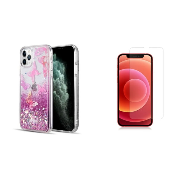 Liquid Glitter Case for iPhone 14 Pro and Glass Screen Protector - Pink Butterfly