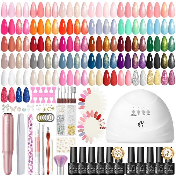 PEACECOLOR 58Pcs Gel Nail Polish Kit with U V Light Nail Drill Machine, 35 Colors Gel Polish Fall Colors, Glitter Nude Pink Red Brown Blue Purple, 5Pcs Glitter/Matte/Glossy Top C